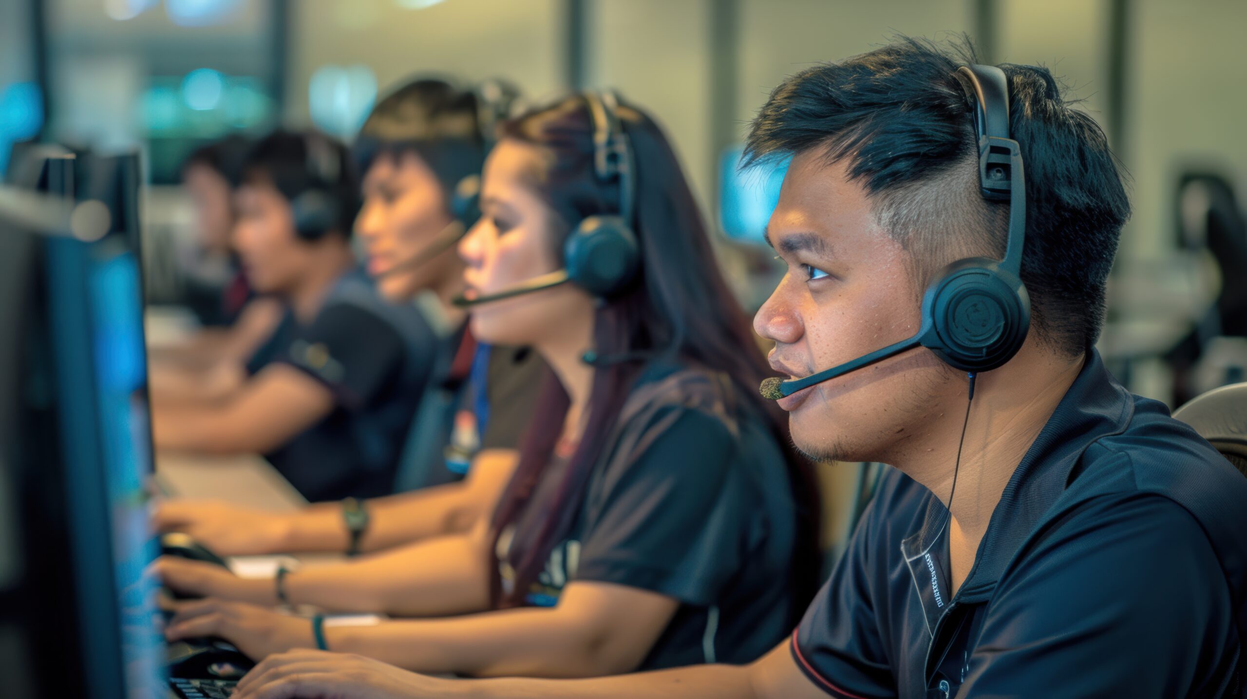realistic sideview of male and female callcenter agents in the philippines